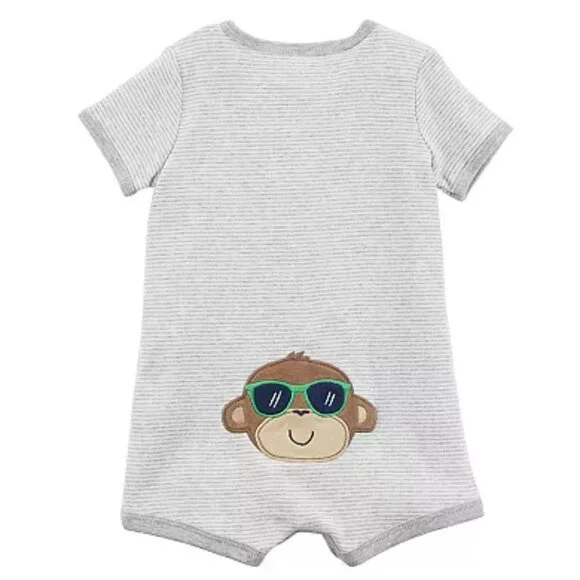 Carters Infant Boys Gray Striped Monkey Shortie Romper Baby Bodysuit Outfit - Picture 4 of 9